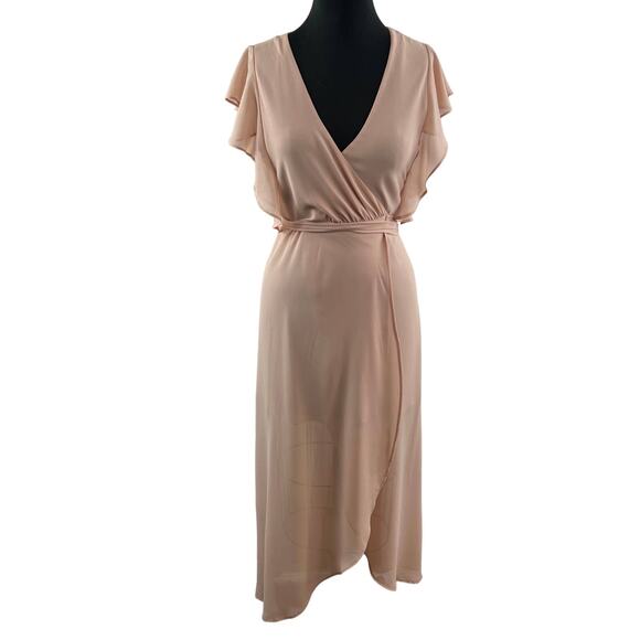 Forever 21 Pink Chiffon Ruffle Sleeve Belted Hi-Low Maxi Dress Party Cocktail M - Picture 1 of 11